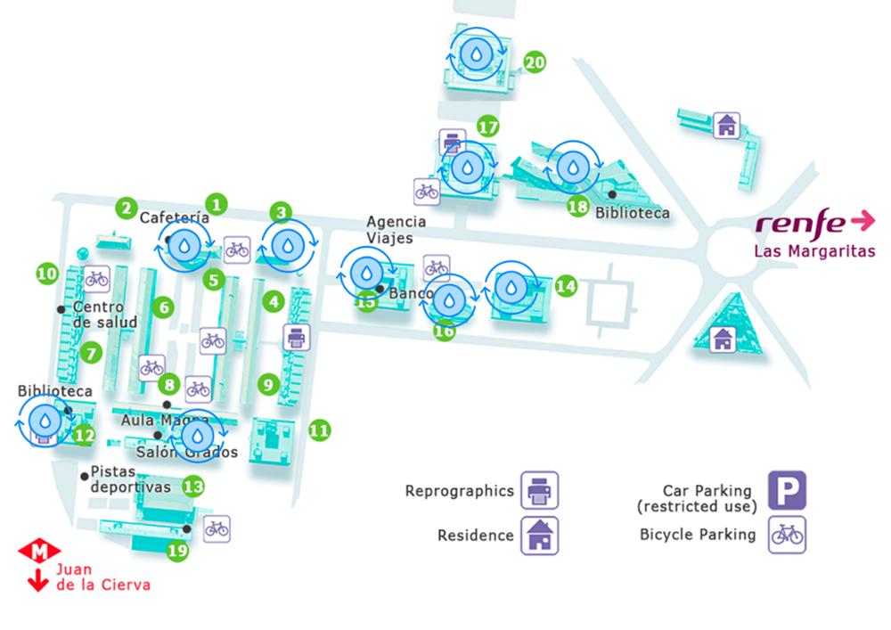 Plano del Campus de Getafe con la localización de las fuentes de agua corriente