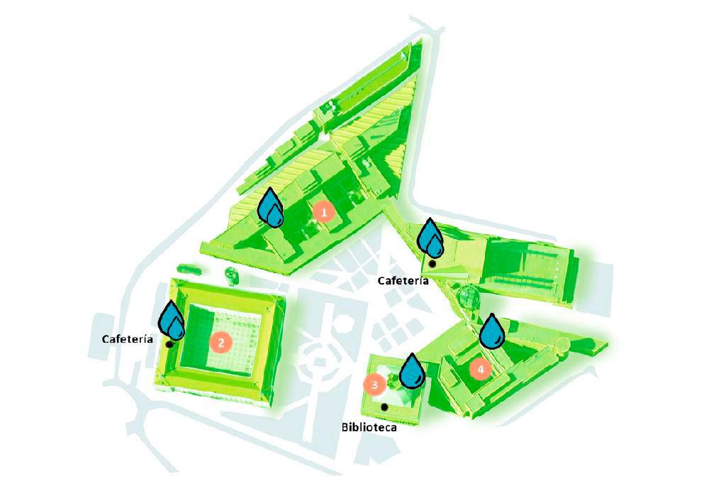 Plano del Campus de Leganés con la localización de las fuentes de agua corriente