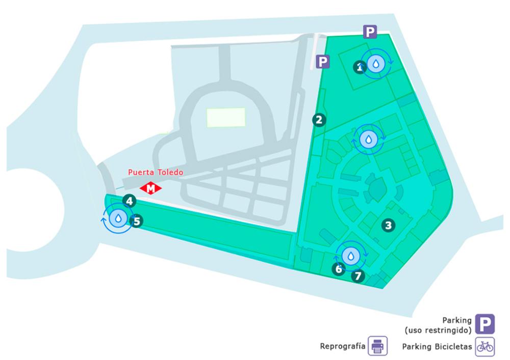 Plano del Campus de Puerta de Toledo con la localización de las fuentes de agua corriente
