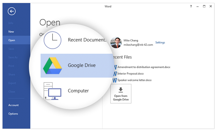 Opción de Google Drive en menú Archivo de Office