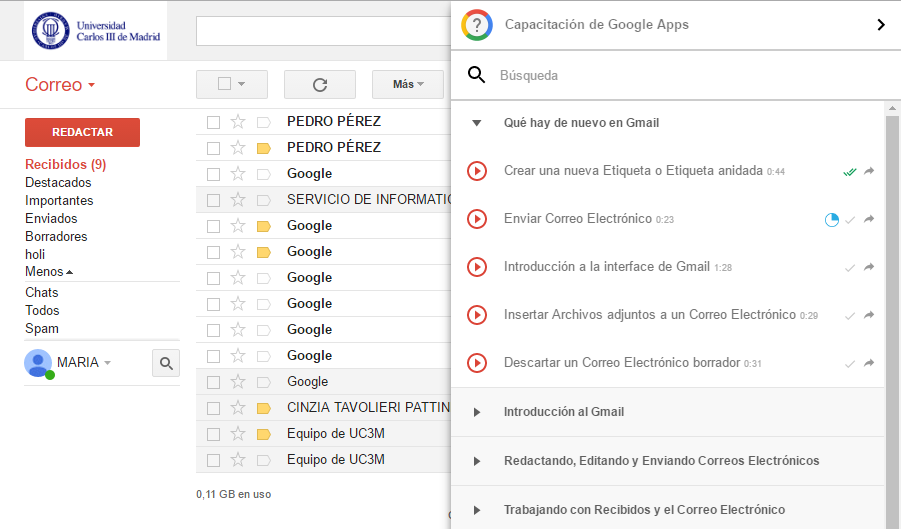 Imagen de Gmail con la capacitacion de Gapps en funcionamiento