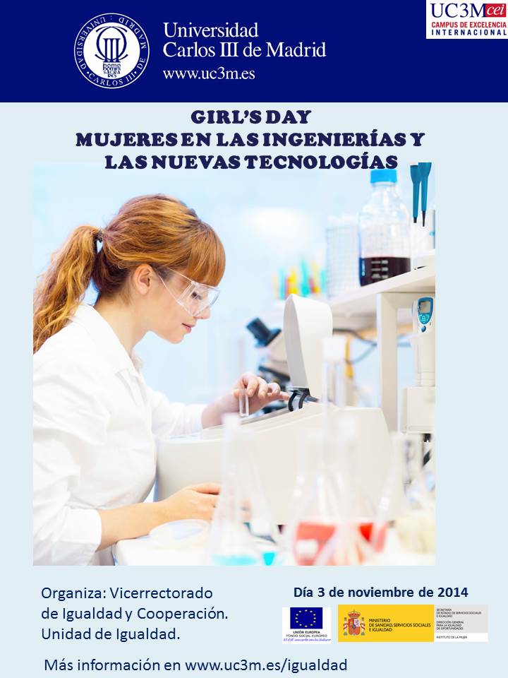 Cartel del girl's day en el que aparece una mujer trabajando en un laboratorio de química.
