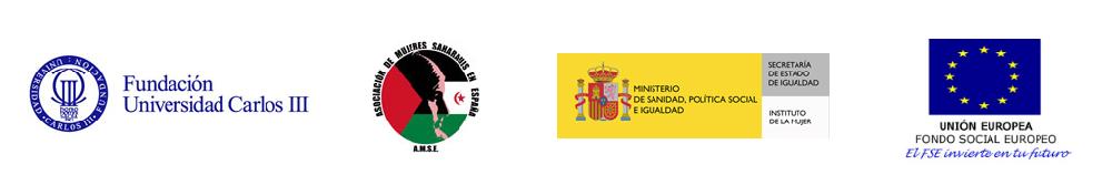 Logotipos de la Fundación UC3M, Asociación de Mujeres Saharauis en España, del Ministerio de Igualdad y del Fondo Social Europeo