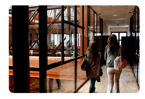 Alumnas recorriendo los pasillos de la biblioteca de Leganés