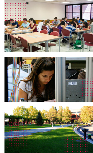 Alumnos asistiendo a clase, haciendo prácticas de laboratorio e imagen del campus