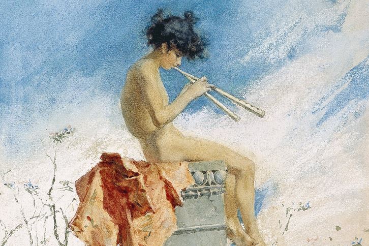 Pintura de mujer tocando dos flautas sentada con cielo de fondo