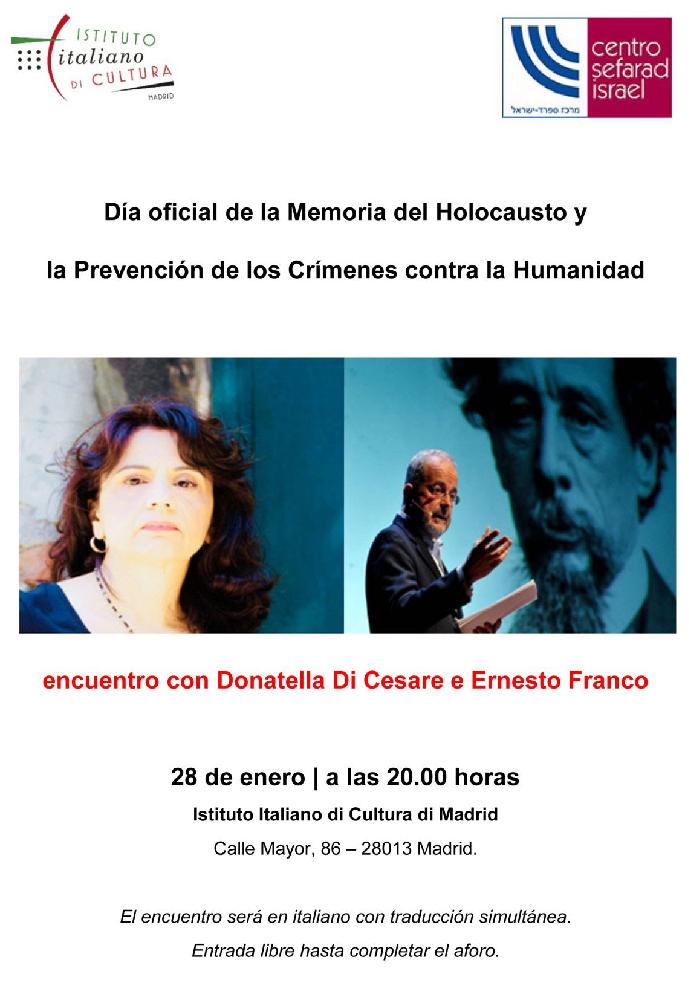 Día oficial de la Memoria del Holocausto y la Prevención de los Crímenes contra la Humanidad: encuentro con Donatella Di Cesare e Ernesto Franco