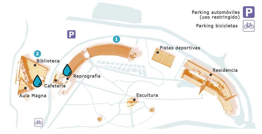 Plano del Campus de Colmenarejo con la localización de las fuentes de agua corriente