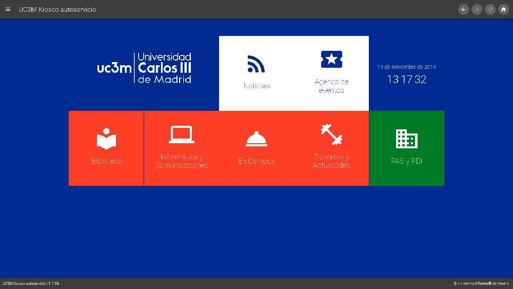 Imagen que muestra el Interfaz de usuario con tarjetas de diversos colores para el acceso a servicios, o portales de la universidad
