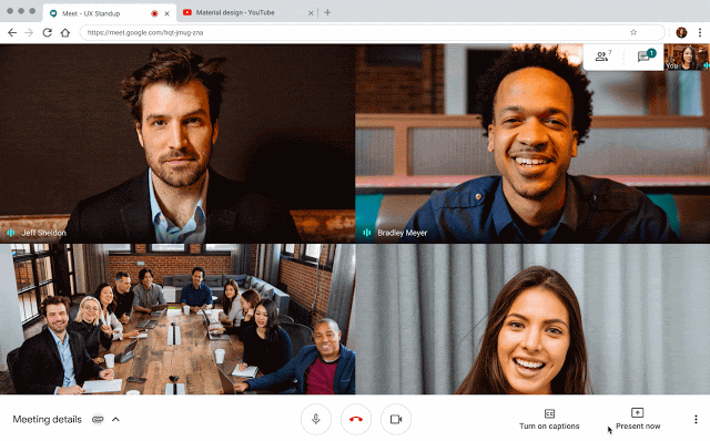 Gif animado con los pasos para compartir una pestaña de Chrome en una reuniónd e Google Meet