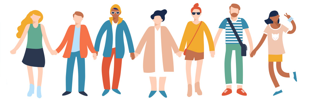 Ilustración de gente cogida de la mano sobre un mapa del mundo