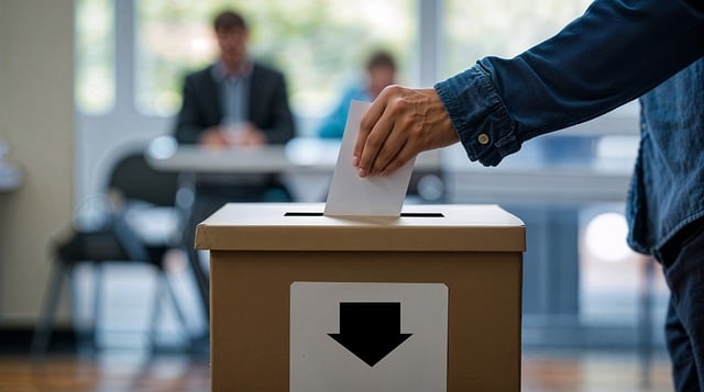 Una mano deposita un voto en una hurna.