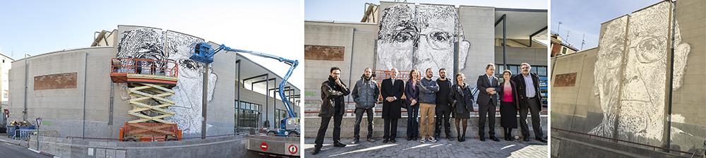 Fotografía de la visita el mural de Saramago en el campus Puerta de Toledo