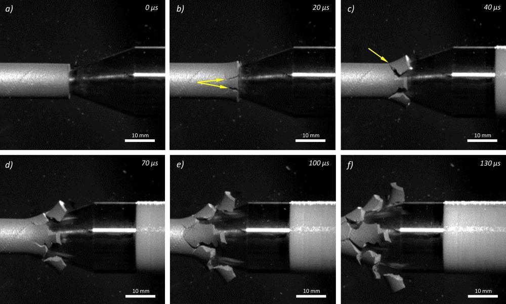 Secuencia de fotogramas extraídos de una grabación en cámara de alta velocidad del impacto del proyectil en el tubo realizado durante los experimentos. Crédito: UC3M.