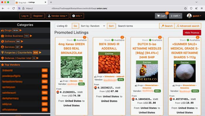 Captura de pantalla de un mercado alojado en la red Tor, en la que se aprecian anuncios de venta de drogas.