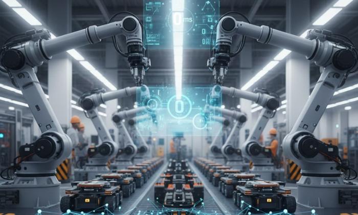 Imagen futurista de una fábrica con robots industriales comunicados vía inalámbrica. Generada con Gemini