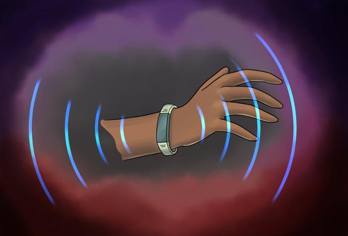 Ilustración de una pulsera de Bindi emitiendo onda electrónica.