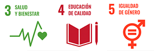 Logos de objetivos ODS: 3 Salud y bienestar, 4 Educación de calidad, 5 Igualdad de género