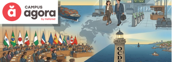 Imagen tipo ilustración con diferentes conceptos: un barco mercante, un faro con las siglas OCDE, dos profesionales (hombre y mujer) caminando con cartera en la mano y una reunión de naciones unidas