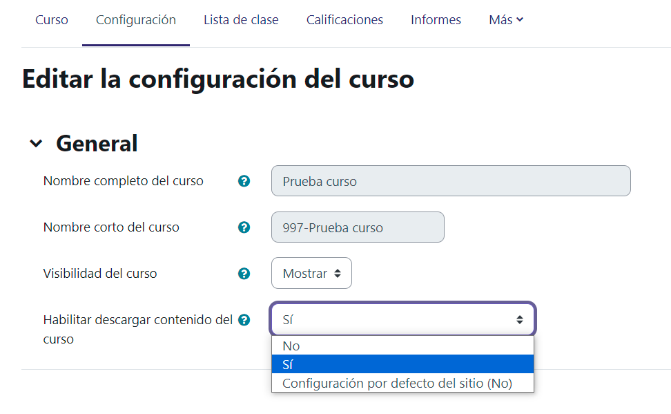 Opciones de descarga del curso en la aplicación Aula Global