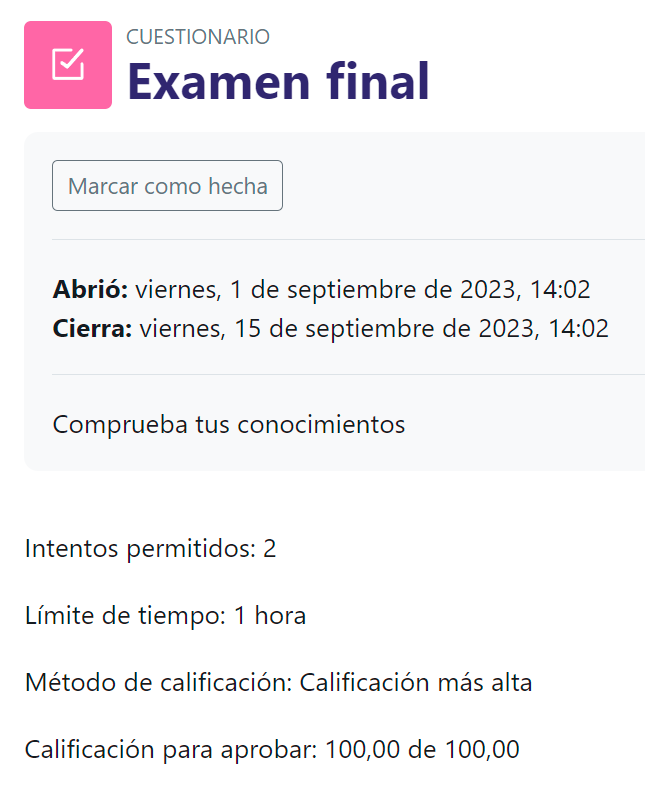 Visualización de la calificación mínima para aprobar un examen, en la aplicación Aula Global