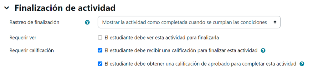 Configuración de finalización de actividad con necesidad de aprobado