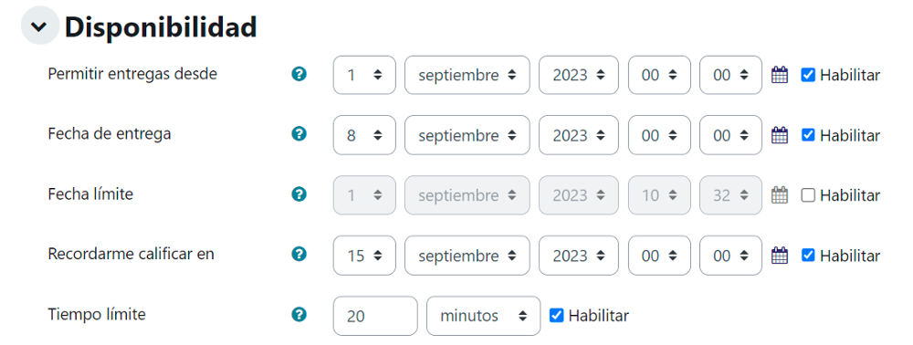 Configuración de tiempo límite de una tarea, en la aplicación Aula Global